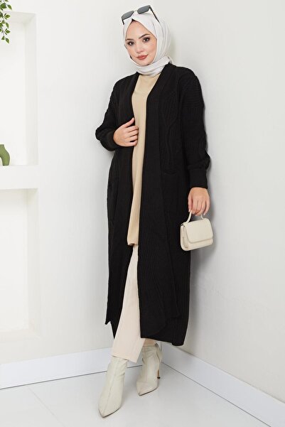 hafsamina Μαύρη ζακέτα πλεκτή - Με γιακά σάλι και τσέπες HM2534