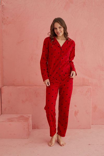 ELİTOL Red Heart Patterned Elastic Fleece Pajamas Set - 30 Degree Washable - B