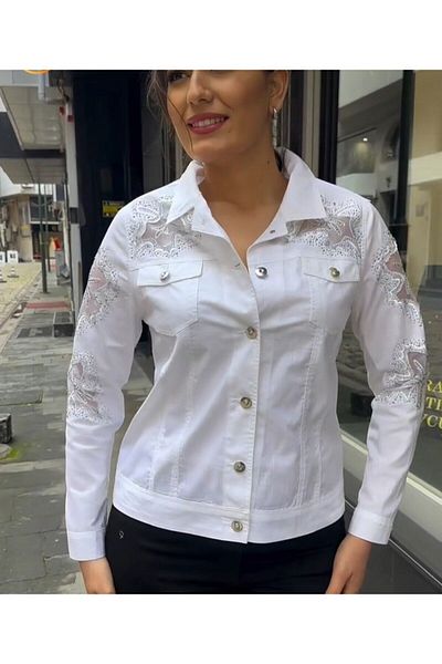 SGS Le Viva Sgs White Color Cotton Fabric Coat with Stone Embroidery and Tulle Detail