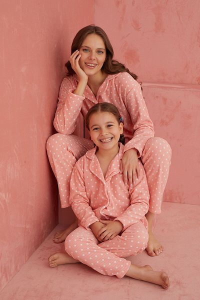 ELİTOL Fleece Pajama Set - Salmon Point Patterned, Buttoned Front