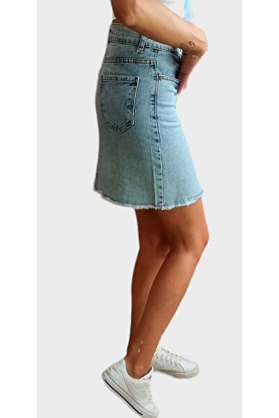 duygu dilsiz Kadın Mini Kar Yıkama Rengi Likralı Cepli Kot Etek