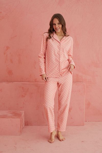 ELİTOL Fleece Pajama Set - Salmon Point Patterned, Buttoned Front