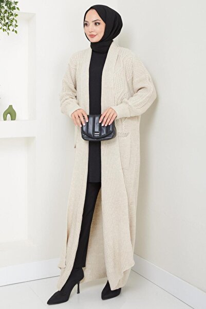hafsamina Stone Colored Shawl Collar Pocket Knitwear Cardigan - Hm2534
