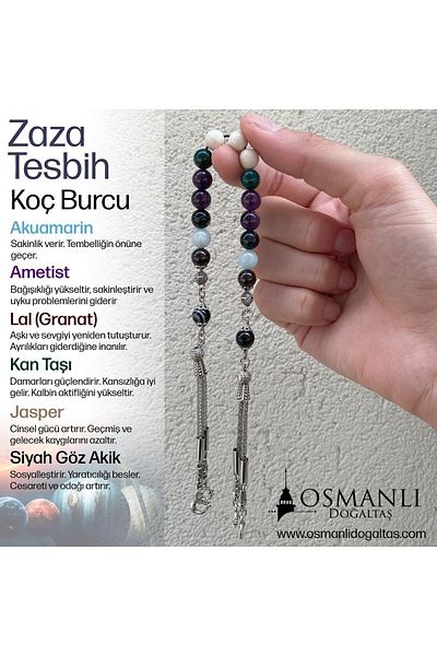 OSMANLI DOĞAL TAŞ Aries Zaza Rosary Natural Stone Aquamarine-Amethyst-Lal-Blood Stone-Jasper-Black Eye Agate