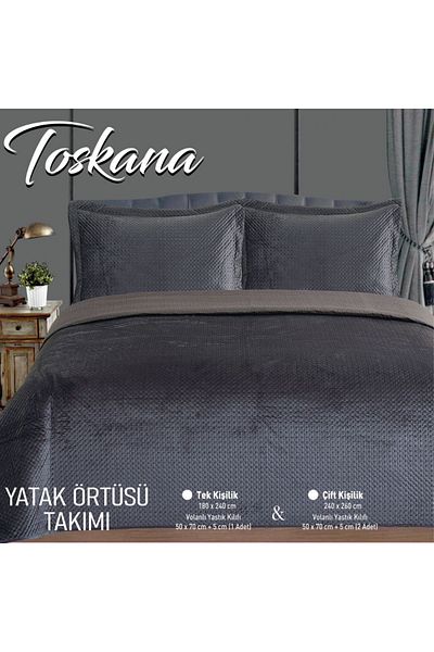 YGT Home Tuscany Velvet Bedspread - Double, Anthracite 240X260, Flounced Pillow Set