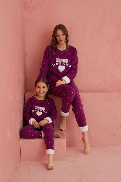 ELİTOL Mor Dreams Kalp Desenli Bisiklet Yaka Peluş Polar Pijama Takım