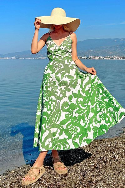 Swist Grünes, zweireihiges, gemustertes Damen-Midikleid aus Leinen mit Kragen