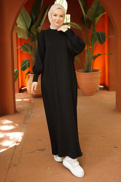 hafsamina Black Balloon Sleeve Knitwear Dress - Hm2522