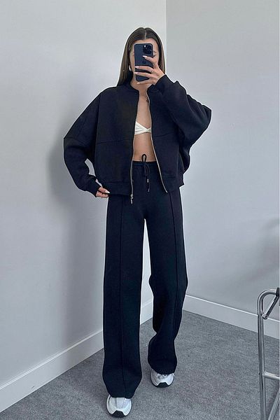 Neşeli Butik Γυναικείο Σετ Φούτερ με τρεις κλωστές χειμερινές αθλητικές φόρμες Gts018 - Μαύρο