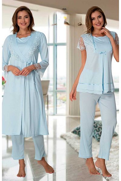 ByLohusa Set de pijamale de maternitate Effortt Blue Peignoir
