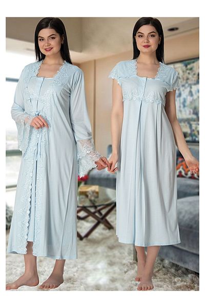 Effortt Costum de damă albastru lung din dantelă cu rochie de dimineață Effortt 5010