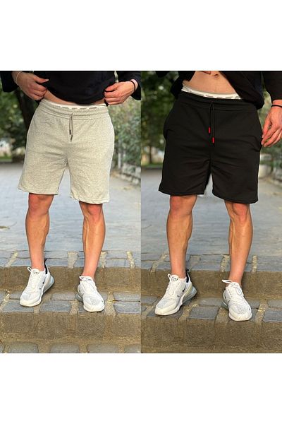 DEEPSENCE Ανδρικό Γκρι Μαύρο Σετ 2 τεμαχίων Slimfit χτενισμένο βαμβακερό σορτς