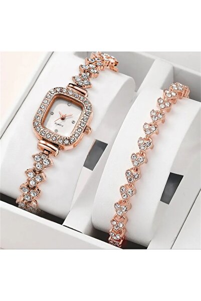 DARK BLANC Rose Gold Renk Kare Vintage Taşlı Kol Saati