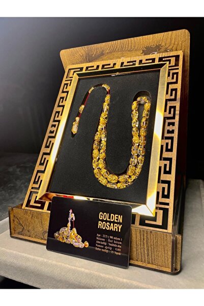 Alturki Tesbih 24 Ayar Altın Parçacıklı Uçak Camı Golden Rosary Özel Tasarım Ahşap Kutulu Tesbih