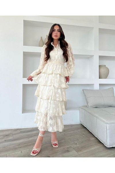 Afiş Butik Μπεζ Μακρύ Φόρεμα με Φούστα Χτενές και Ζώνη