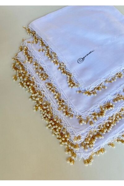 TREND 1 Piece 100x100 Cm 4 Edges Hand Embroidered - Pearl Detailed Writing