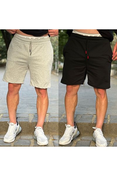 DEEPSENCE Ανδρικό Γκρι Μαύρο Σετ 2 τεμαχίων Slimfit χτενισμένο βαμβακερό σορτς