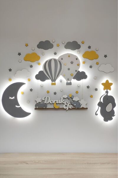 İnfigo Concept Balon Ay Ve Fil Üçlü Set - Işıklı Ahşap Bebek Kapı Ve Duvar Sü...