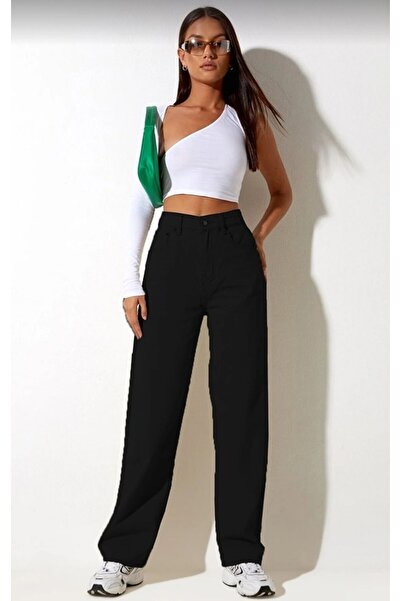 WODDİ بنطال باميلا ليكرا نسائي أسود فائق الخصر فضفاض من قماش الدنيم بنطال بالازو