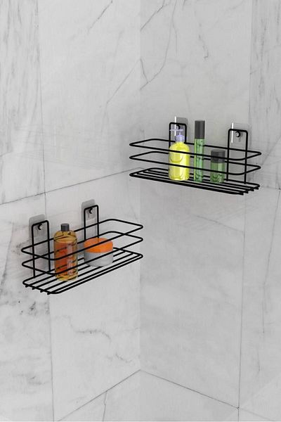 EVA METAL TASARIM Organizer μπάνιου Σαμπουάν ράφι σαπουνιού με κόλλα 2 τμχ Ράφι μπάνιου Μαύρο ματ ράφι ντους Organizer