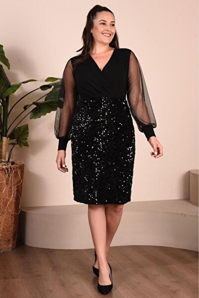 FOR ESRA BIG TREND Rochie de seară elastică, căptușită cu fante din tul, cu mâneci cu paiete, cu cusături în talie