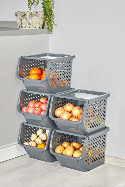 VALENT 5'li Patates & Soğanlık, Kapaklı Katlı Sebzelik, Oyuncak Sepeti, Banyo Büyük Düzenleyici ANTRASIT