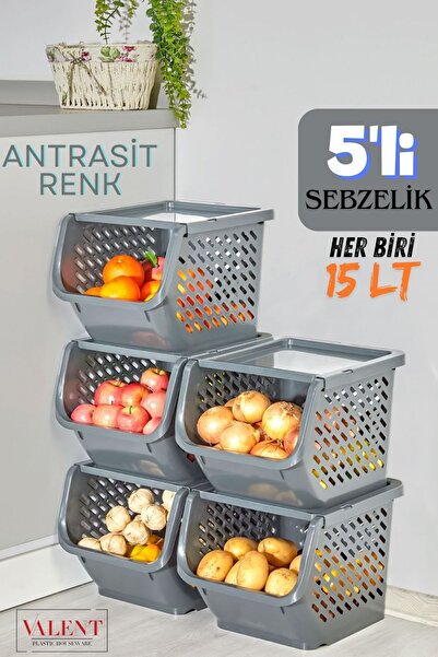 VALENT 5'li Patates & Soğanlık, Kapaklı Katlı Sebzelik, Oyuncak Sepeti, Banyo Büyük Düzenleyici ANTRASIT