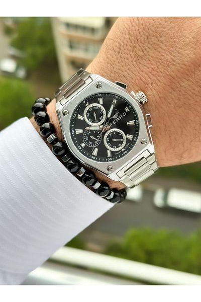 FERRO Brand Silver Color, Steel Strap, Functions Active Men's Wristwatch + Bracelet