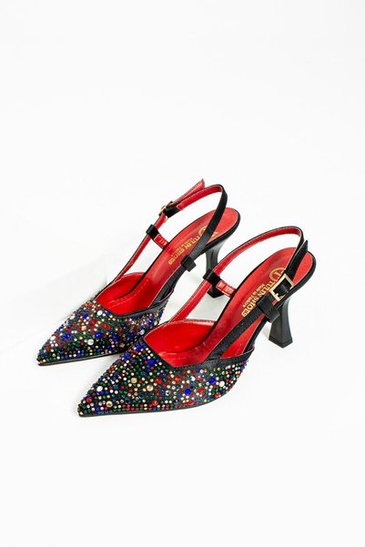 Tulin Shoes Heart Stone Print Detail Black Linen