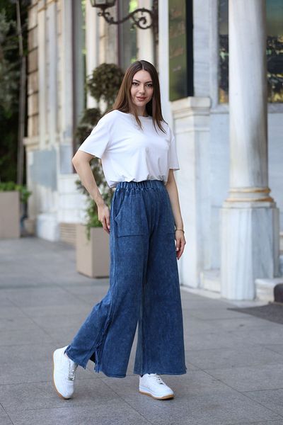 AYASOFYA OTANTIK Navy Blue Women's Knitwear Trousers - Pocket Detailed, Distressed Wide Leg, Loose Cotton