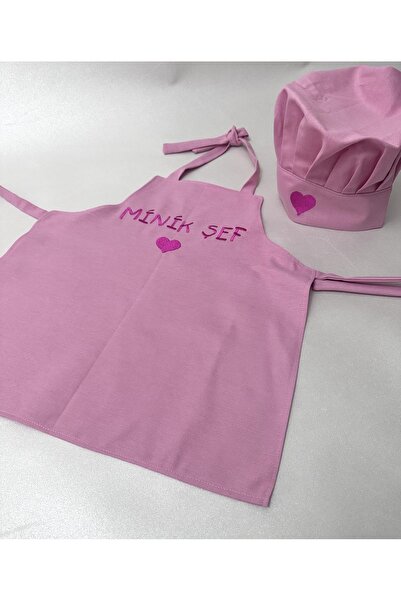 Koala Tasarım Çocuk Mutfak Önlüğü ve Şef Şapkası Pembe Kalpli