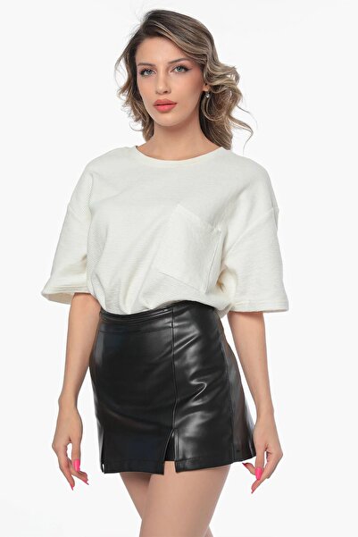 GÜLSELİ Fusta scurtă din piele mini pentru femei - neagră, cu detaliu dublu și fermoar