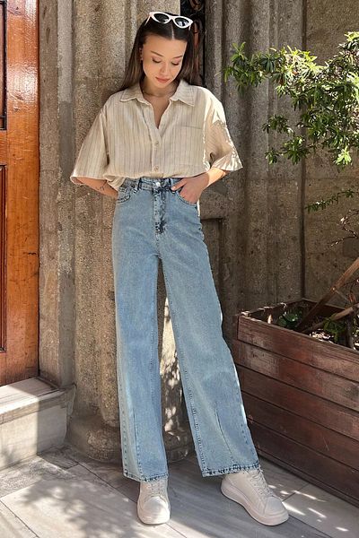 GÜLSELİ High Waist and Elastic Waist Light Blue Women's Palazzo Jeans - Wide Leg Jeans