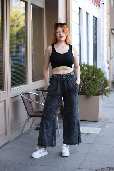 AYASOFYA OTANTIK Black Loose Cotton Knitwear Women's Trousers - Pocket Detailed and Wide Leg