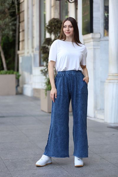 AYASOFYA OTANTIK Navy Blue Women's Knitwear Trousers - Pocket Detailed, Distressed Wide Leg, Loose Cotton