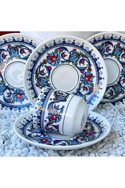 BİRSEV Porcelain Topkapı Tile Patterned Turkish Coffee Cup Set for 6 Persons 12 Pieces