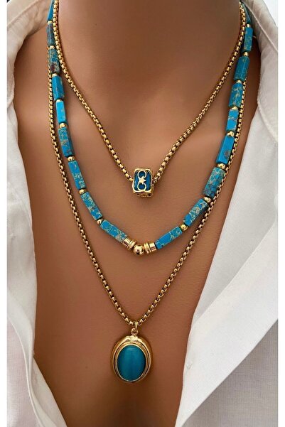 TARZ-I TAKI (ÜÇ KOLYE) Doğal Taş Mavi Çubuk Firuze Çelik Zincir Altın Kaplama Çerçeveli Taş Uç Kadın Kolye