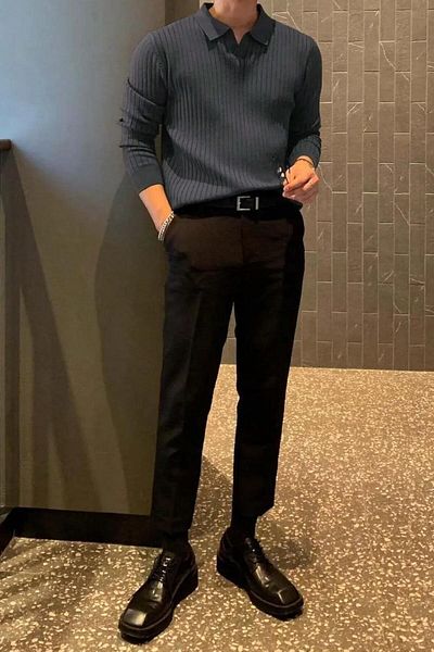VİP LOKAL Ανδρικό πουλόβερ με ραβδωτό γιακά Polo Collar - Slim Fit, Smoked