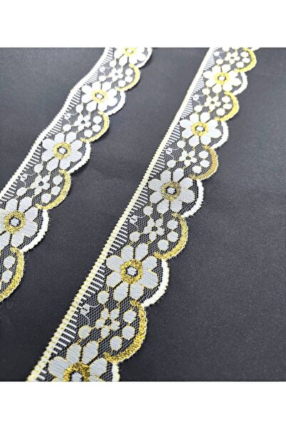 FASHİON DANTEL Lycra Free Nylon Lace 5.0 cm Width 5 Mt Black Gold and White Gold Color Glitter Lace Edge Model