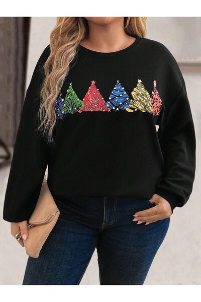 aynewmoda Christmas Trees Printed Black Oversize Sweatshirt