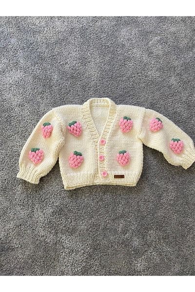 NEVALİN Hand Knitted Strawberry Detailed Girl's Cardigan