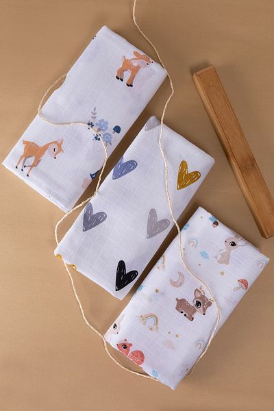 Ferdys Set of 3 100% Cotton Organic Muslin Blanket - Multi-purpose, 80x90 Blanket