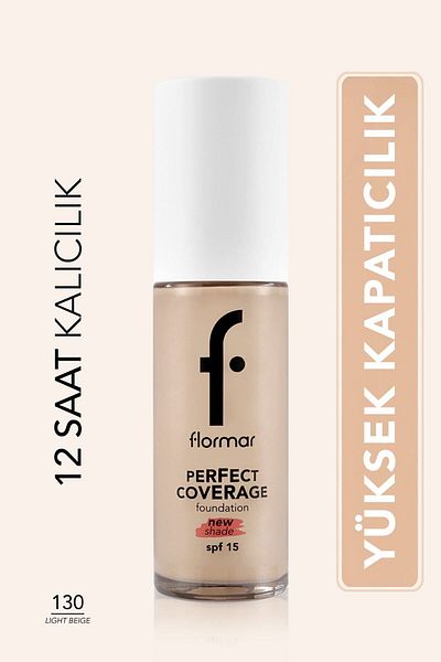 Flormar Intense Water Based Perfect Coverage Foundation (Yellow Bottom) -130 Light Beige - 8682536070539