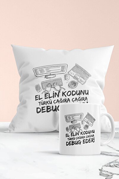 Genel Markalar Esprili Yazılımcı Hediyelik Yastık Ve Kupa Seti