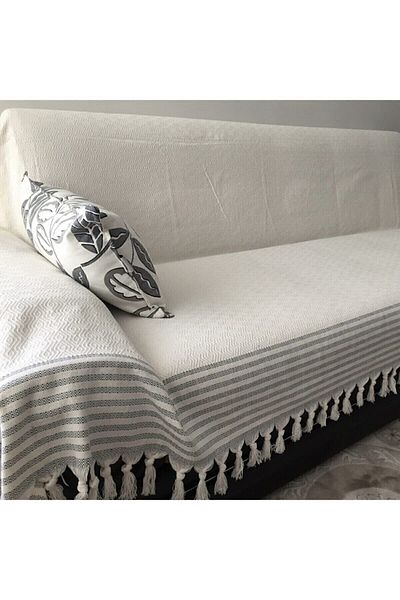 Coperta Памучна калъфка за диван King Size, покриваща ръцете със сиви ивици на кремав фон за дивани