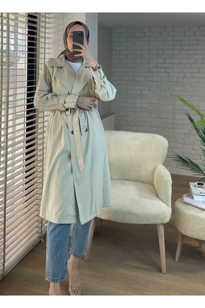 Miraydın Butik Kadın Ceket Yaka Kol Detaylı Trençkot Bej