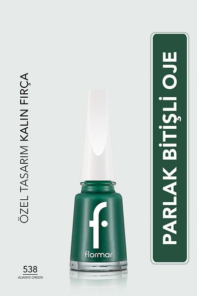 Flormar High Pigmented Shiny Finish Nail Polish - Nail Enamel -538 Always Green- 8682536047814