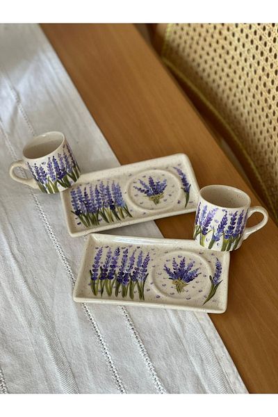 Store كوب قهوة تركي بتصميم خاص مزين بزهرة اللافندر - 2 قطعة