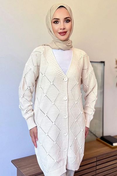 julude Hijab Tricotat Crem Femei Tricotaj Cardigan