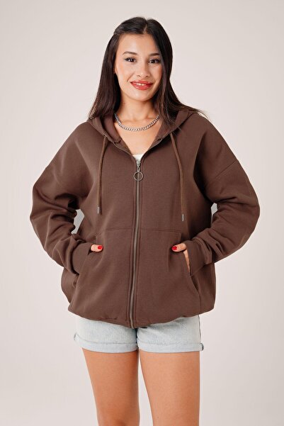 Hipo Trend سترة رياضية بنية كبيرة الحجم بغطاء للرأس - مع جيوب